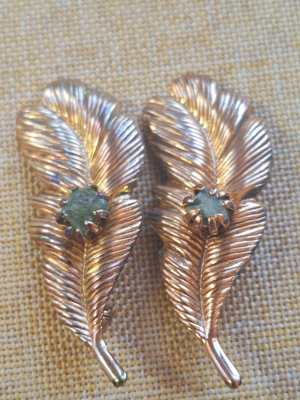 Gold-Tone Leaf Clip Earrings with Green Stone